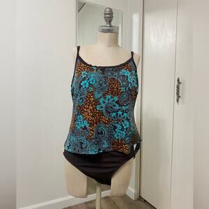 Rose Marie Reid Plus Size 16 One Piece Swimsuit Brown Blue Paisley Print